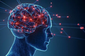 Side profile of a man with a glowing brain and digital nodes symbolizing the network of thought intelligence and the interconnectedness of ideas in a futuristic digital art style