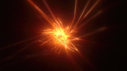 Abstract bright yellow glowing background with flying neon star lines made of energy particles and light rays