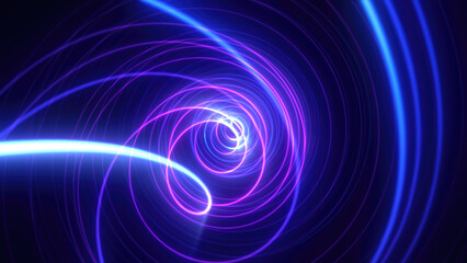 Abstract bright purple background tunnel with flying lines of energy particles and light rays