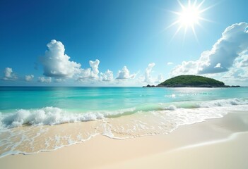 Obraz premium Pristine Beach with Turquoise Waters, Gentle Waves, and Lush Island