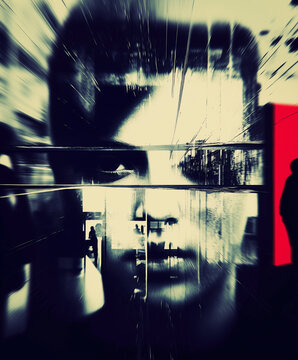 Cyberpunk Portrait of Paranoia with Fragmented Face and Red Highlights