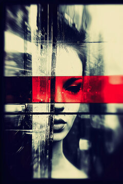 Abstract Cyberpunk Portrait with Fragmented Face and Red Elements