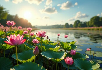 Lake Surrounded by Lush Greenery and Blooming Lotus Flowers