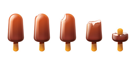 Popsicle bites. Realistic bitten icecream stages, popsicles bars on stick chocolate cover ice cream eskimo bite eating animation, summer frozen candy, exact vector illustration