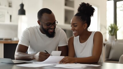 A couple engages in a home renovation project, excitedly reviewing plans and documents at their contemporary kitchen table