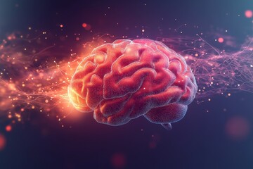 Close up of a glowing brain with red and pink particles symbolizing the fusion of creativity intellect and neural energy in a vibrant and dynamic digital art style
