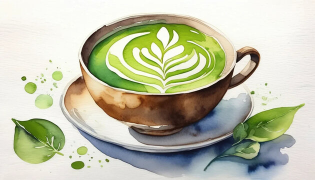 Watercolor painting of matcha latte, ai