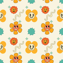 seamless pattern of smile flowers retro style