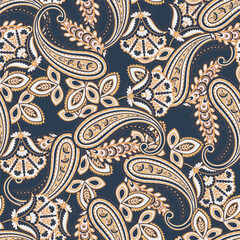 Paisley vector seamless design featuring stunning flowers and leaves in a batik-inspired style. Vintage backdrop