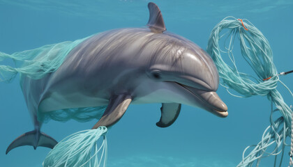 Fototapeta premium Depiction of a dolphin, as an endangered marine mammal, entangled in an ownerless fishing net or as by-catch of industrial fishing