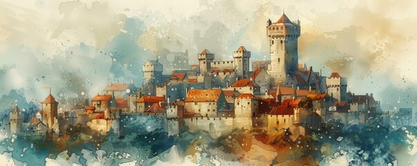 Fototapeta premium Fortified medieval town, Fantasy, Earthy, Watercolor, Emphasizing historical defense