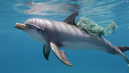 Fototapeta premium Depiction of a dolphin, as an endangered marine mammal, entangled in an ownerless fishing net or as by-catch of industrial fishing