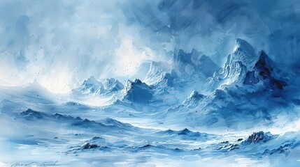 Fototapeta premium Frigid Arctic tundra, Fantasy, Cold, Watercolor, Emphasizing harsh environment