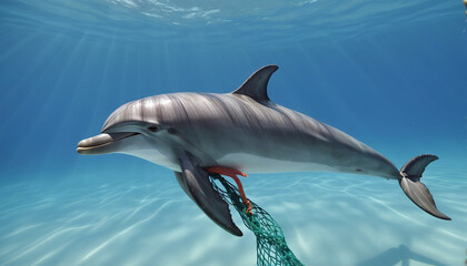 Fototapeta premium Depiction of a dolphin, as an endangered marine mammal, entangled in an ownerless fishing net or as by-catch of industrial fishing