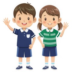 A boy and a girl are standing next to each other, both wearing blue