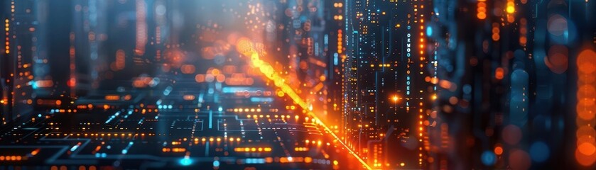 Fototapeta premium Futuristic cityscape with advanced tech, Cyberpunk, Bright, Digital, Highlighting innovation