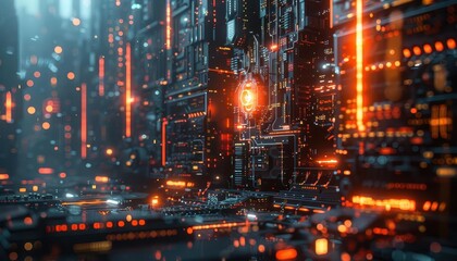 Fototapeta premium Futuristic cityscape with tech, Cyberpunk, Bright, Digital, Highlighting innovation