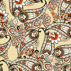 Colorful Paisley wallpaper. Vector Indonesian batik. Bright classic indian fabric. Paisley wallpaper. Ethnic background with paisley and stylized flowers. For textile, cover, wrapping paper, fabric