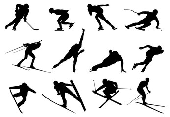 Winter sports.Collection of silhouettes of athletes.Hockey player, biathlete, skater, skier, slalom, snowboarder, ski jumper.Vector illustration.