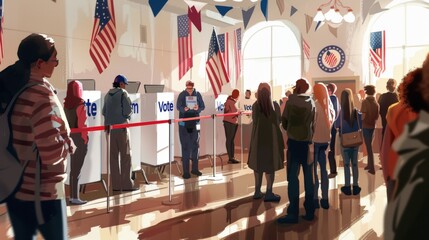A busy Election Day polling station with voters standing in line, eagerly waiting to cast their ballots, with patriotic decorations like American flags and "Vote" banners adorning the room.
