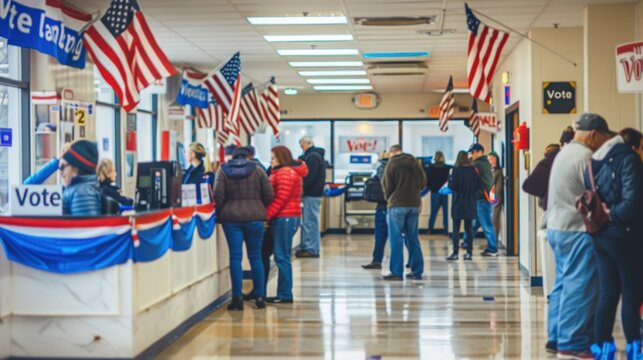 A busy Election Day polling station with voters standing in line, eagerly waiting to cast their ballots, with patriotic decorations like American flags and "Vote" banners adorning the room.