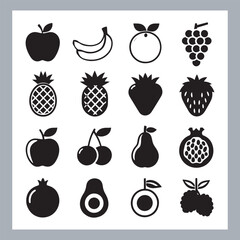 Fruits silhouette icon set, symbol style, Fruits Apple, banana, orange, mango, grape, pineapple, strawberry, watermelon, pear, cherry, kiwi, blueberry, papaya, peach, pomegranate silhouette