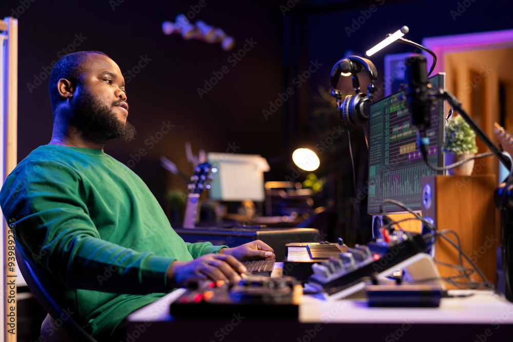 Poster Sound engineer playing piano and mixing tunes on digital software, composing new songs and adding audio effects in post production. Artist composer creating soundtracks for music industry.