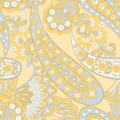 Digital vector textile print. Seamless Design suitable for covers, fabrics, textiles, wrapping paper, featuring an antique Thai pattern Paisley Indian motifs and decorative floral elements