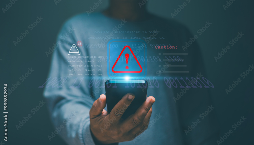 Poster Man using smartphone with red triangle caution warning sign alert for notification error and maintenance, cyber security, Ransomware, Phishing, Spyware, hacker attacks and hacking data.