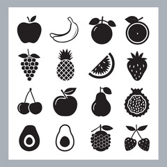 Fruits silhouette icon set, symbol style, Fruits Apple, banana, orange, mango, grape, pineapple, strawberry, watermelon, pear, cherry, kiwi, blueberry, papaya, peach, pomegranate silhouette