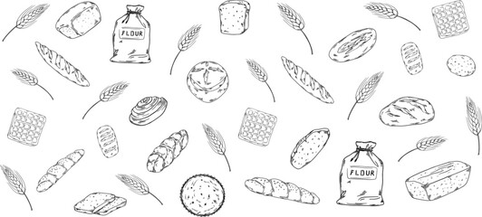 Bakery hadpainted illustrations set banner black and white beige bag of flour, buns, beans, bread, bread, waffle, baguette, cafe, morning breakfast pastry, wheat ears, rye