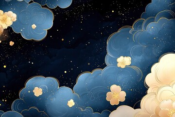 Abstract Watercolor Clouds with Golden Flowers and Glitter