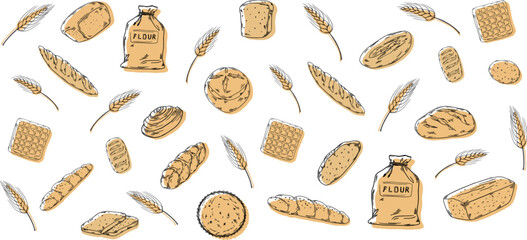 Bakery hadpainted illustrations set banner black and white beige bag of flour, buns, beans, bread, bread, waffle, baguette, cafe, morning breakfast pastry, wheat ears, rye
