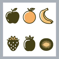 Fruits silhouette icon set, symbol style, Fruits Apple, banana, orange, mango, grape, pineapple, strawberry, watermelon, pear, cherry, kiwi, blueberry, papaya, peach, pomegranate silhouette