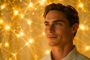 Close up of a man with glowing neural connections symbolizing the vibrant energy connectivity and intricate network of ideas flowing through the human mind