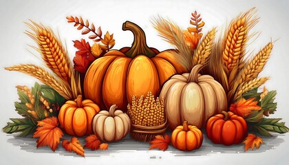Harvest Festival Clipart - 16-bit pixel art illustration of autumn harvesting symbols - pumpkins wheat, corn. Graphic art 8 bit illustration on white background