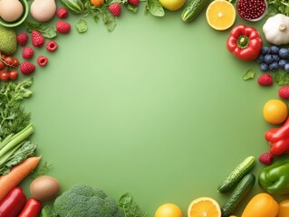 Vibrant arrangement of fresh vegetables and fruits, showcasing healthy eating and natural colors on a green background.