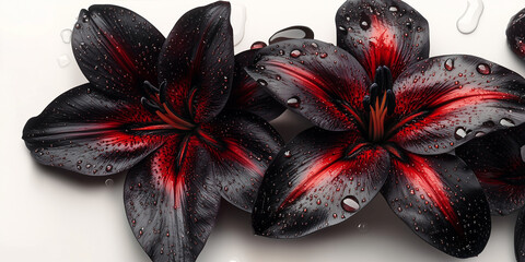 Giglio nero ricoperto di piccole goccioline d'acqua. Sfondo.