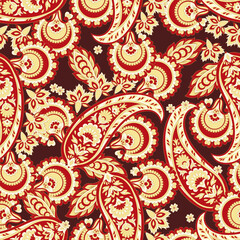 Turkish Cucumber Paisley seamless vector pattern in traditional Oriental style. Decorated with flowers, leaves, and fantasy elements, for fabric, textile and wallpaper covers