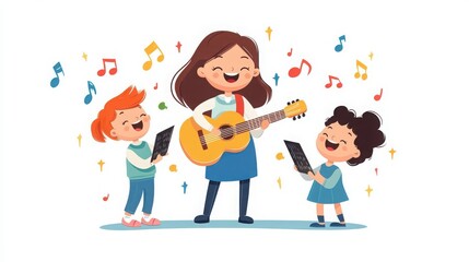 Fototapeta premium A joyful scene of children singing along as a woman strums a guitar, celebrating music and creativity together.