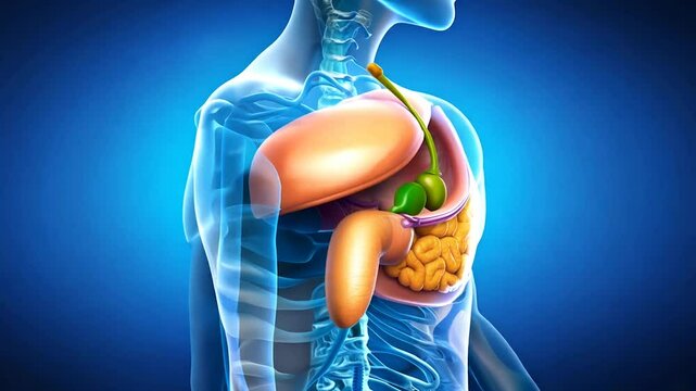 Human Liver, Gallbladder, Pancreas, and Small Intestine Anatomy Illustration.