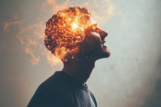 Side profile of a man with a glowing brain symbolizing the explosive power of thought innovation and the intense cognitive processes that drive human achievement