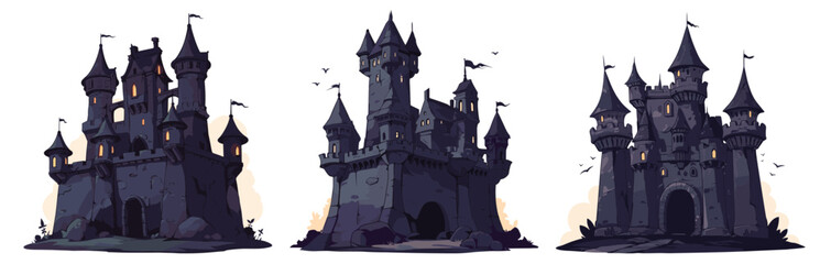 Obraz premium castle black stone cartoon. Dark castles architecture building gloomy ancient mystical halloween mansions set vector illustration
