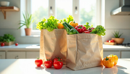 Reusable shopping bags filled with fresh vegetables on a spotless white kitchen counter emphasize sustainability and healthy eating.