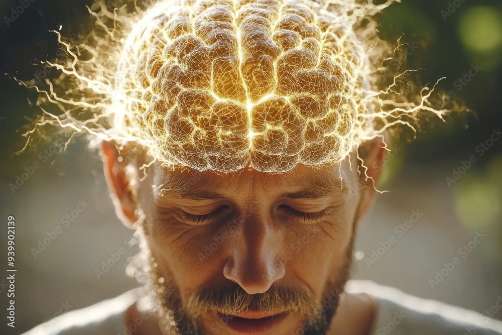 Sticker A person meditates deeply illuminated by the radiant energy of a glowing brain symbolizing intense mental focus heightened cognitive abilities and spiritual enlightenment