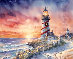 Lighthouse decorated for Christmas. Coastal holiday scene with a decorated lighthouse on the shoreline