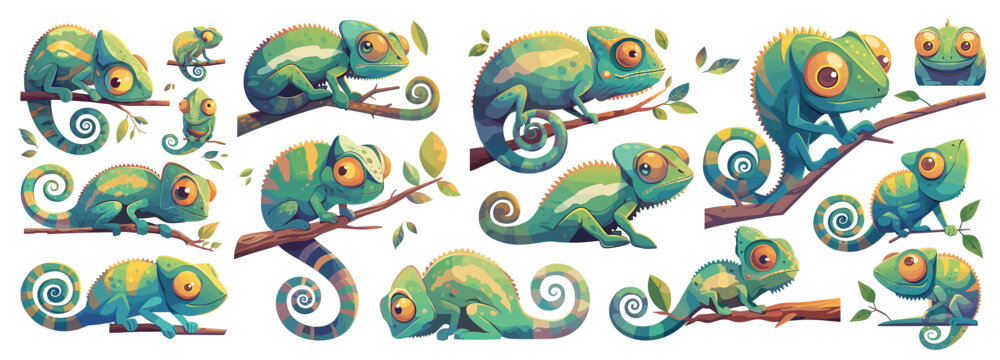 chameleon sticker. lizard, cute exotic animal kind character green reptile branch tropical vector illustration