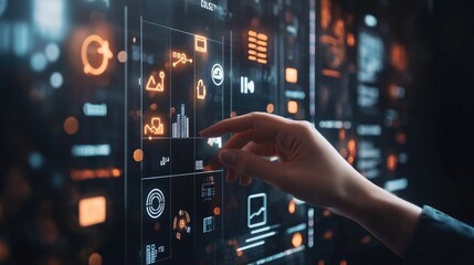 Businessperson touching virtual financial icons, concept of digital banking and finance