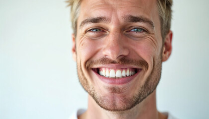 Obraz premium A handsome Scandinavian man with blonde hair and a confident smile showcases dental health against a clean background.