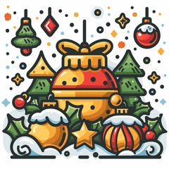 Christmas and New Year line art vector illustration. Colorful xmas greeting card.